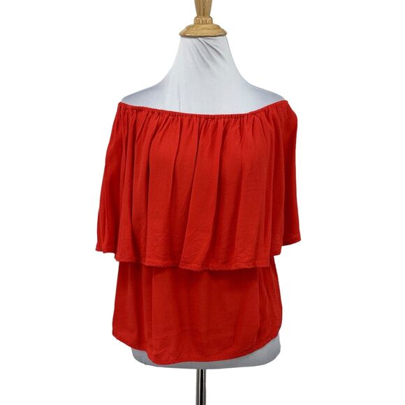 Holding Horses Top Women M Medium Anthropologie Red Ruffles Off Shoulder Overlap - Picture 1 of 14
